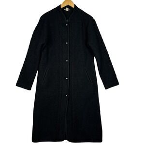 Venario 100% Wool Long Black Coat Cable Trim Minimalist M